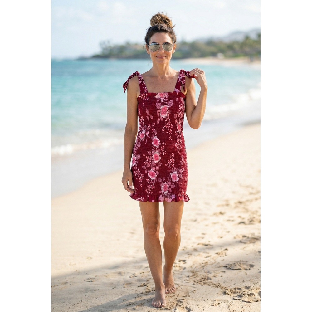 Free People Smocked Mini Dress Women's Small Petite SP Maroon Floral Boho - Picture 6 of 6